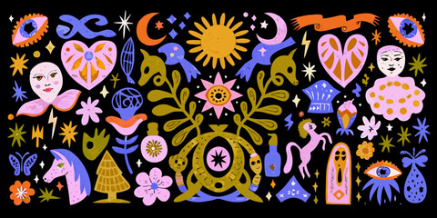 Obraz premium Whimsical illustration featuring celestial and floral motifs with vibrant colors