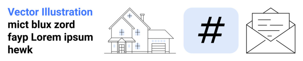 Obraz premium House outline with modern architectural design, metadata tag in blue square, and minimalist envelope. Ideal for real estate, communication, architecture, marketing, social media, branding simple