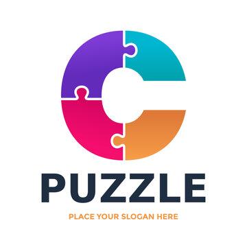 Colorful letter C logo design made of interlocking puzzle pieces, representing connection and teamwork.