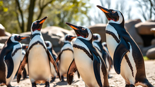 African penguins, jackass penguins, black footed penguin, flightless birds enjoying the sunshine in Amsterdam zoo