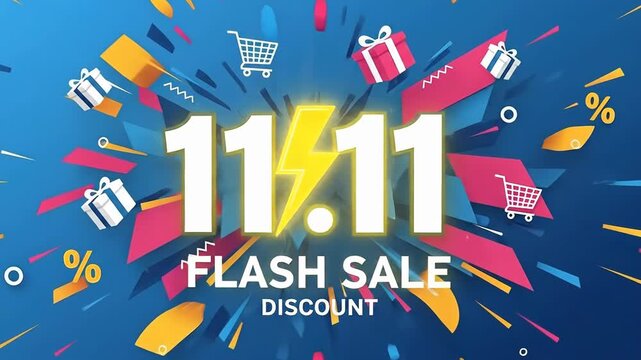 11.11 Flash Sale Promotional Banner with Gift Icons and Shopping Elements.