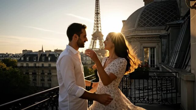 Happy couple enjoying a romantic view of Paris at sunset