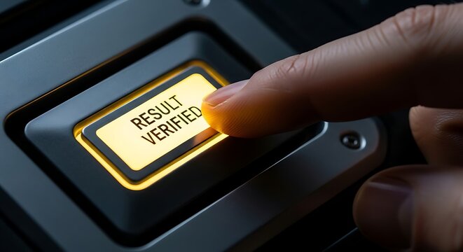 A person pressing a button on an atm machine that says please verify