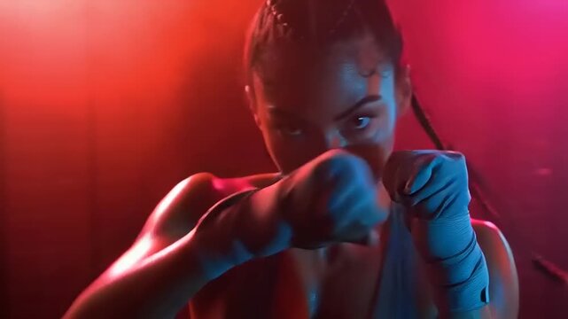 Dynamic Female Boxer Shadowboxing in Vibrant Blue Rim Light, Urban Gym Setting, Action Photography