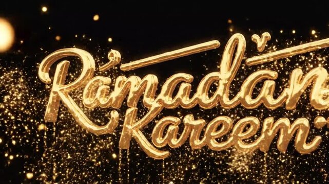Striking close up of elegant three dimensional golden Arabic calligraphy script reading Ramadan Kareem glittering with sparkling festive particles against a dark background