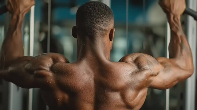 Gym Athlete Performing Lat Pull Down Exercise in Fitness Center - Strength Training Focused Workout