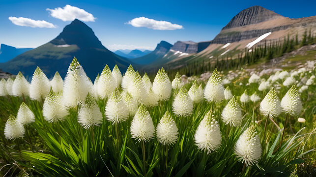 Beargrass flowers at Logan Pass in Glacier National Park on a sunny day, defocused background