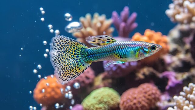 A colorful guppy fish swims in a vibrant aquarium with coral.