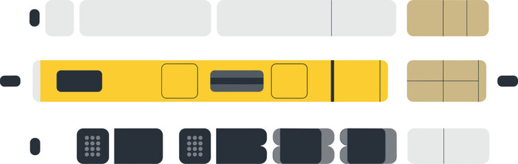 Stylized top‑down illustration of train cars in multiple configurations including passenger, cargo, and engine designs for transport and education © Masud
