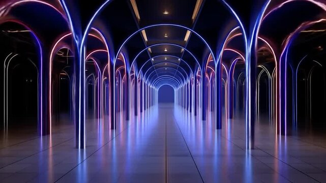 Abstract futuristic tunnel with neon arches and glowing lines dark interior