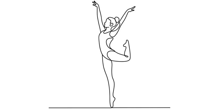 Minimalist line art illustration of a female gymnast in a graceful pose with arms raised high.
