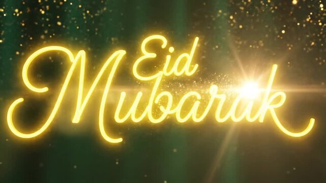 Glowing neon yellow calligraphy script spelling Eid Mubarak against a sparkling dark green festive background celebrating a religious holiday occasion