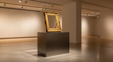 Gilded frame on modern pedestal creates a striking minimalist art display