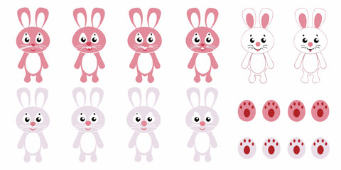 Obraz premium Cute cartoon bunnies in various poses and color schemes are displayed