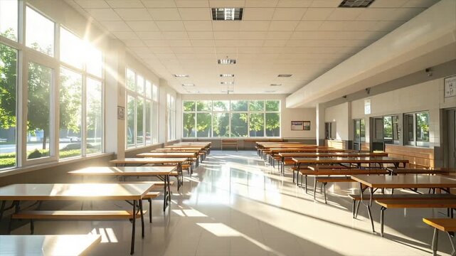 Empty cafeteria bathed in bright sunlight, featuring long rows of tables, and large windows