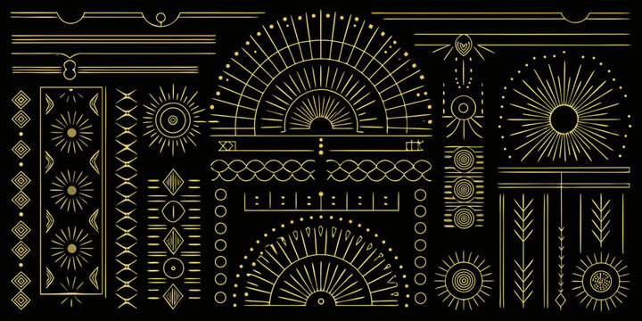 Art deco design elements geometric shapes and golden lines on black