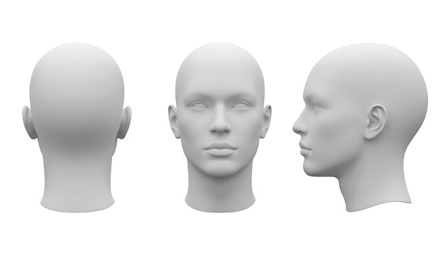 Blank white male head mannequin model views showcasing front side and rear three dimensional form