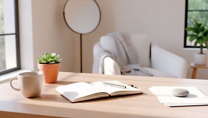 Cozy Minimalist Home Office Interior with Notebook on Desk