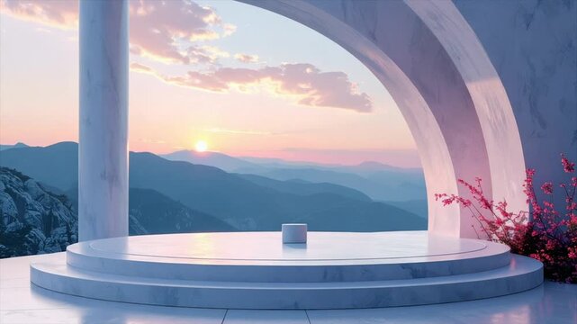 A serene mountain vista framed by a marble arch and platform as sunset glows
