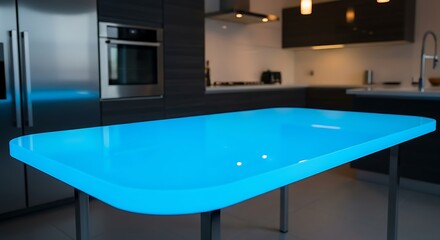 Illuminated cyan table in a modern kitchen design with gray cabinets