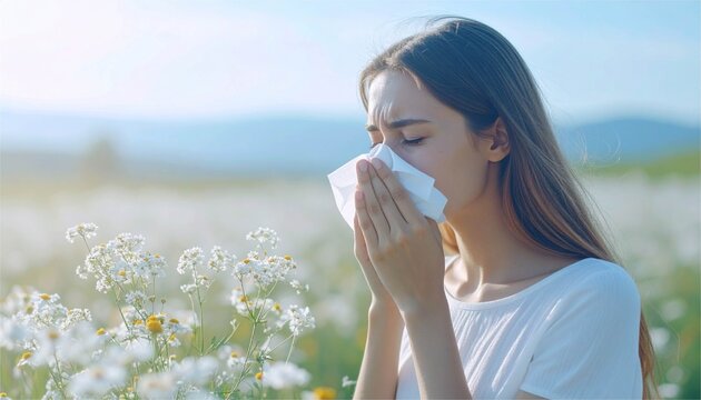 Young woman blowing her nose due to seasonal pollen allergy in a flower field.