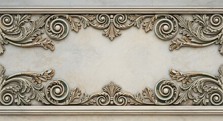 An antique gold ornament and floral pattern decorate this vintage wooden and metal frame on an old stone wall featuring medieval architectural detail