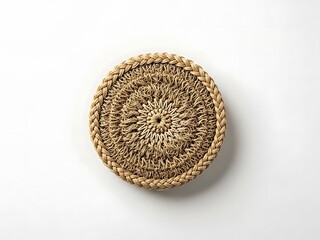Minimalist Braided Wicker Circle Plate on White Background Overhead View