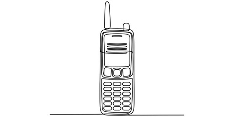 Minimalist one line drawing of a handheld walkie talkie radio communication device on white © S Arts & Culture