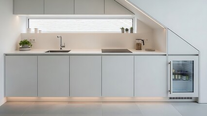Minimalist modern kitchen design featuring sleek cabinetry and subtle lighting