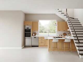 Modern minimalist kitchen interior design with natural wood tones and staircase