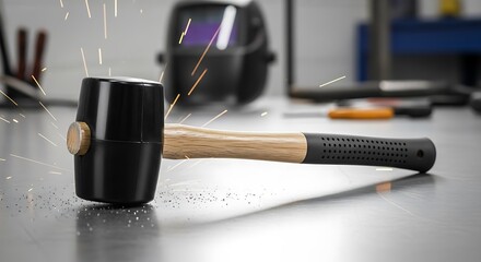 Rubber mallet tool laying on workbench in workshop environment detail