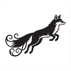 Fototapeta premium Fox jumping black silhouette with ornate tail isolated on white background, elegant wildlife vector illustration