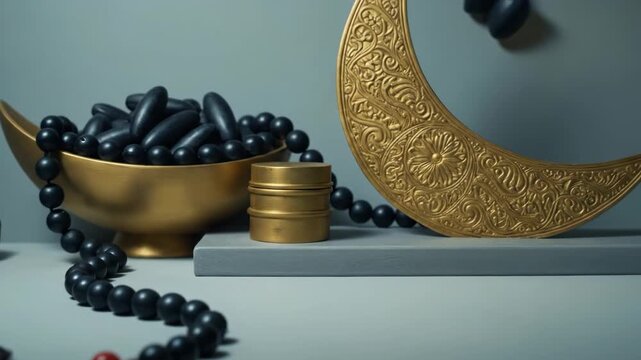 Ramadan Still Life with Golden Crescent and Prayer Beads.