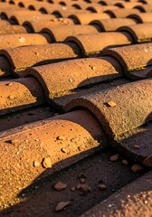 Rustic terracotta tile roof detail with aged texture and warm sunlight