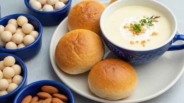 A close-up view of various nuts and snacks in blue bowls, alongside bread rolls and a cup of soup, creating a delightful and diverse spread of food items.