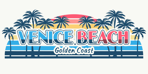 Venice beach golden coast typography with palm trees and sunset © Polash
