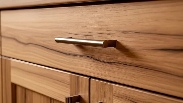 This close-up shot elegantly showcases the intricate details of modern wooden cabinetry, featuring a beautifully textured wood grain with natural patterns and sleek, metallic drawer pulls. The warm, i