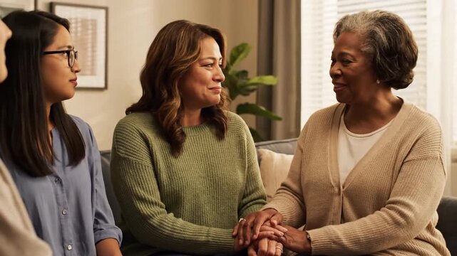 Diverse women comfort crying friend in a supportive group