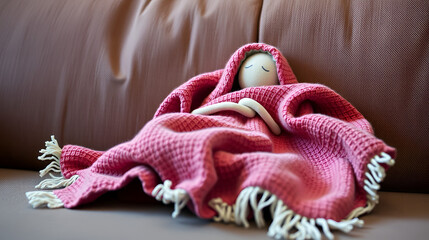 A stick figure wrapped in a blanket on a sofa symbolizes self-care and the need for rest during illness or exhaustion.