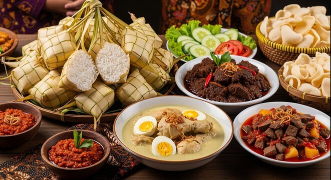 Traditional Indonesian Eid al-Fitr Feast with Ketupat and Various Dishes.