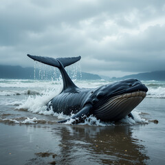 motherliness. Beached whale with tail fin splashing in shallow water under overcast sky. wildlife magazines, conservation campaigns, designed for eco-tourism storytelling.
