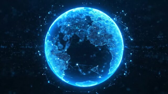 Glowing Blue Digital Earth Map with Network Connections and Dots