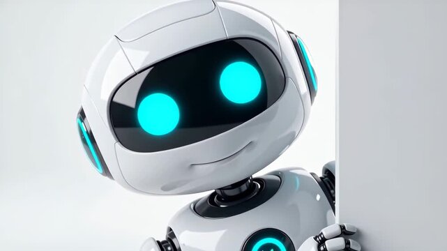 Cute White Robot Peeking from Behind a Wall with Glowing Blue Eyes