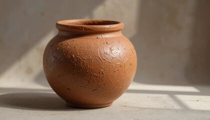 Traditional earthen clay pot, natural brown color, rough handmade texture, soft side