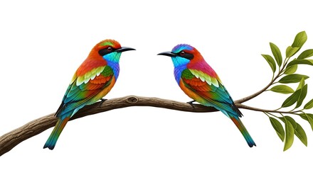 Two vibrant birds perched on a branch in a lush forest setting.