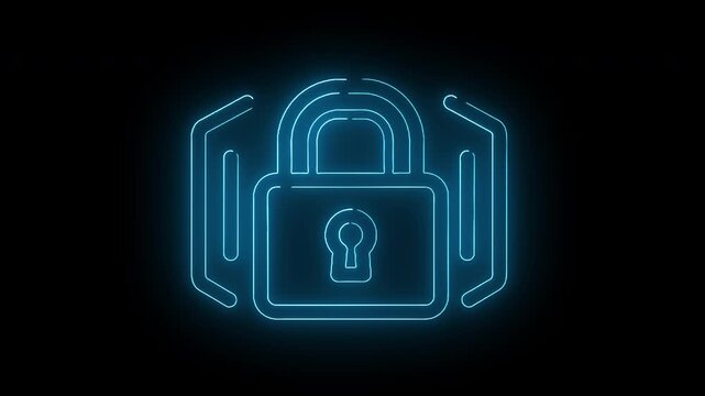 Neon blue outline of a padlock with shield on a black background, conveying security and protection with a futuristic and technological mood.