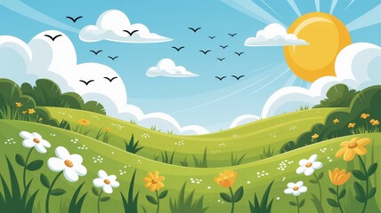 Naklejka premium Serene landscape with rolling hills flowers and birds under a sunny sky