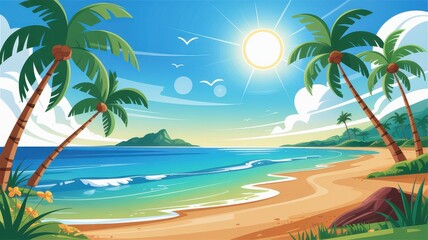 Naklejka premium Serene tropical beach scene with palm trees and vibrant ocean
