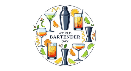 Illustration of World Bartender Day icon featuring various cocktail glasses, shaker, and bar tools with vibrant citrus fruits on a colorful background.