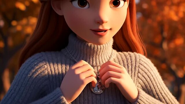 Fall Cozy Fashion beautifully depicts an animated woman gently adjusting her cherished locket necklace, smiling serenely amidst warm sunlit autumn foliage in a cinematic outdoor scene.